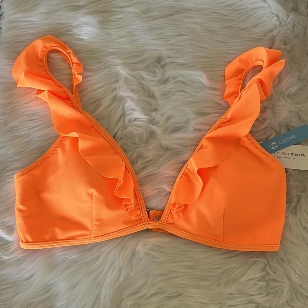 NWT Cupshe Neon Orange Ruffle Bikini Top Size XL